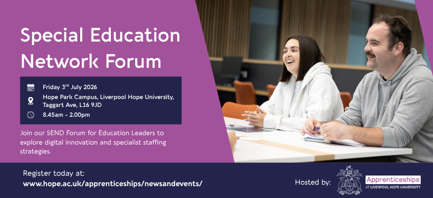 A promotional banner image advertising a SEND Event for Educators. The right hand side features formatted content with details of the event including date, time and location whilst the right hand side features, Teacher apprentices - a female and male - smiling together whilst sat at a table engaging in conversation.